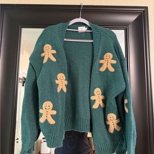 Charming Green Cardigan with Gingerbread Accents
